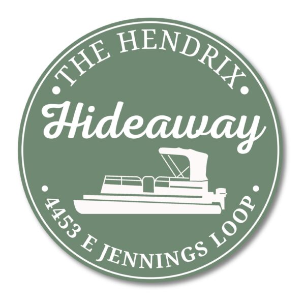 A green circular logo displays white text: The Hendrix Hideaway atop and 4453 E Jennings Loop below. At the center, a pontoon boat silhouette enhances coastal charm, echoing classic Personalized Oval Custom Beach House Signs Coastal Decor.