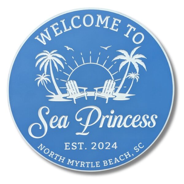 The Personalized Custom Round Beach House Sign Coastal Decor greets you with Welcome to Sea Princess in white on a blue background, featuring palm trees, two chairs, a sun, birds, and reads Est. 2024 above North Myrtle Beach, SC at the bottom.