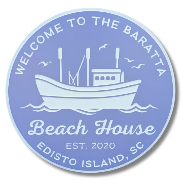 The Personalized Custom Round Beach House Sign Coastal Decor features a circular blue design with white text, reading: Welcome to the Baratta Beach House, Est. 2020, Edisto Island, SC, with a boat illustration and birds soaring above waves.