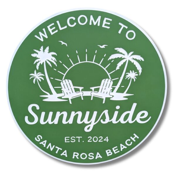 A green circular sign reads, Welcome to Sunnyside, Est. 2024, Santa Rosa Beach, with palm trees, two beach chairs, a sun, and birds. Its the ideal Personalized Custom Round Beach House Sign Coastal Decor.