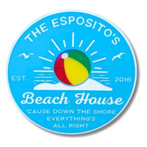 A circular blue sign reads The Espositos Beach House, with a beach ball, seagulls, sun rays, and text Cause down the shore everythings all right and Est. 2016. These Personalized Oval Custom Beach House Signs Coastal Decor perfectly capture the essence of beach house signs.