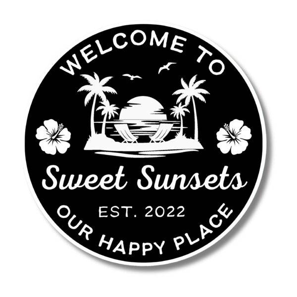 The Personalized Custom Beach House Sign embodies Beach House Signs, featuring a black oval with white text: Welcome to Sweet Sunsets, Est. 2022, Our Happy Place, adorned with a sunset, palm trees, hibiscus flowers, seagulls, and hammocks.