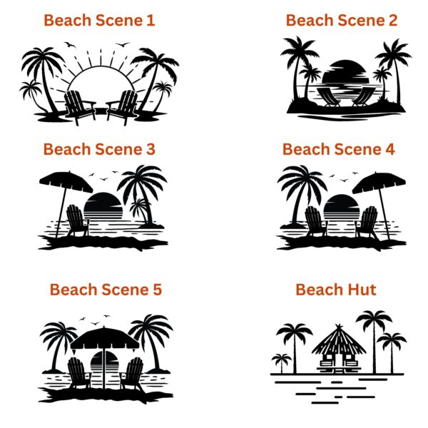 The Personalized Oval Custom Beach House Signs Coastal Decor series features black-and-white illustrations depicting beach scenes with palm trees, chairs, umbrellas, huts, and sunsets over water. Includes six unique designs labeled Beach Scene 1 to Beach Scene 5 and one named Beach Hut.