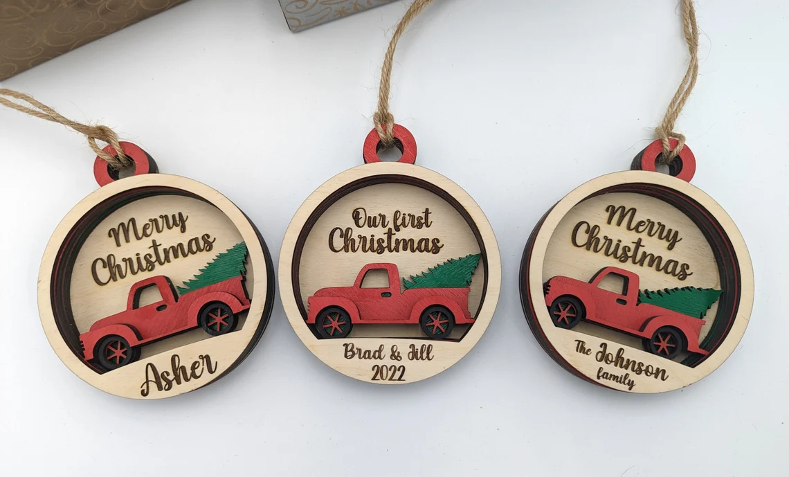 Merry Christmas red truck ornaments