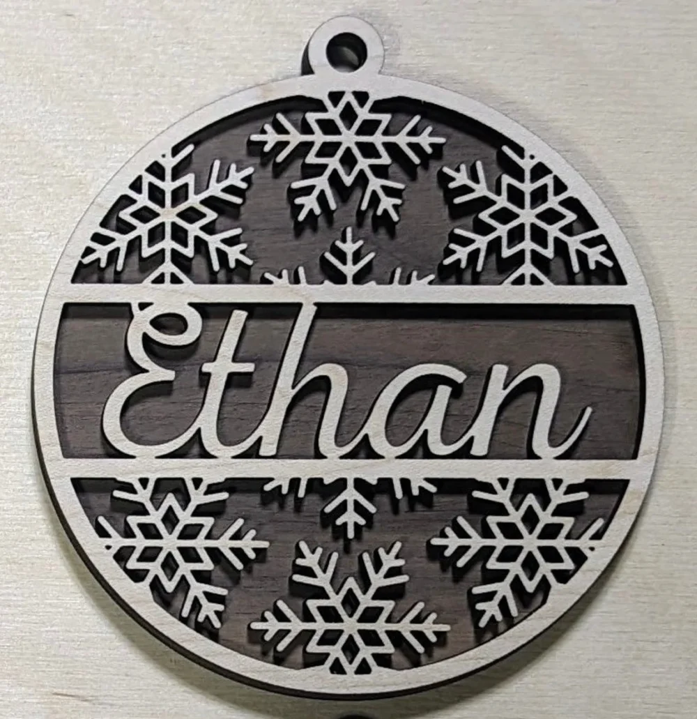 laser engraved personalized snowflake name ornament Christmas stocking tag ethan