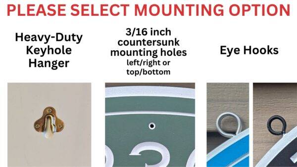 Image displaying three mounting options for the Classic Round PVC Sign for Your Home Cabin Lodge or Retreat: heavy-duty keyhole hanger, 3/16 inch countersunk mounting holes, and eye hooks. Each option is shown with an image demonstrating its use.