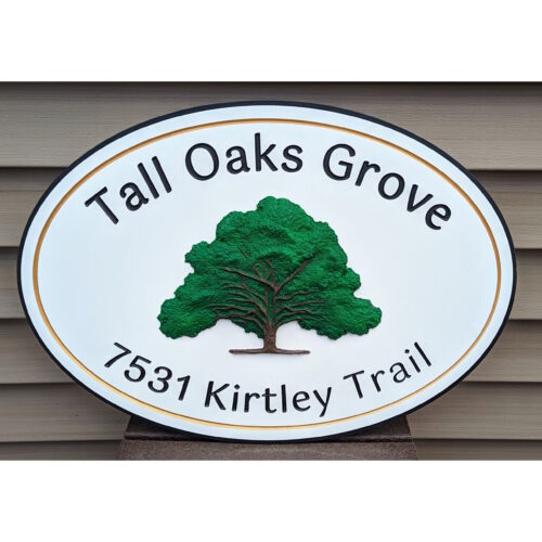 Personalized 3D Image Sign with a green tree illustration on a white oval background and thin gold border. Custom engraved with Tall Oaks Grove above and 7531 Kirtley Trail below—ideal for your home or business.