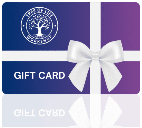 Gift card showcasing a purple-blue gradient backdrop with a white ribbon and bow, featuring the Tree of Life Workshop logo—a stylized tree—in the top left, with Gift Card prominently at the bottom left.