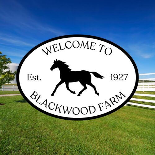 A large oval sign reads “Welcome to Blackwood Farm, Est. 1927” with a galloping horse silhouette, echoing the charm of the Personalized Oval Beach House Sign – Custom Coastal Decor for Your Beachfront Home. It stands on a fenced grassy area under a blue sky.