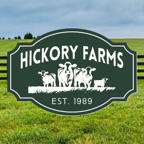 A green and white sign with cows and calves in a grassy field reads Hickory Farms under a cloudy sky. Ideal as a Personalized Oval Beach House Sign – Custom Coastal Decor for Your Beachfront Home. Text below reads EST. 1989.